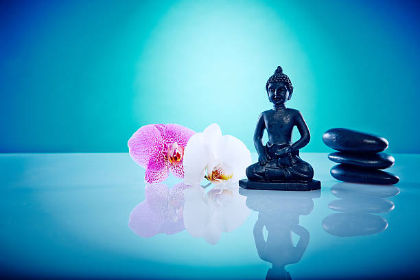 istock Budda in lotus position with orchis and stones 498787447