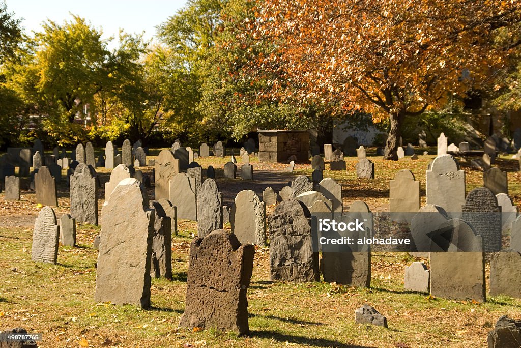 Cemetery stones Headstones in a cemetery, leaning to various angles, showing their age. Salem - Massachusetts Stock Photo