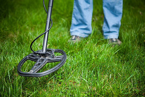 metal detector in action metal detector in action against green grass background metal detectors stock pictures, royalty-free photos & images