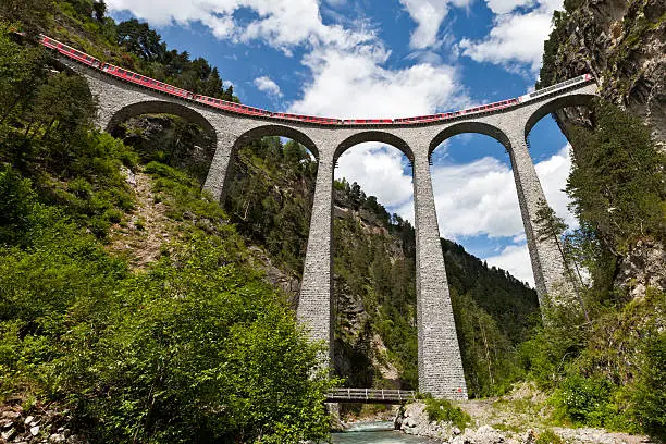 A train is passing across the Landwasserviadukt near Filisur in Graubünden, Switzerland.