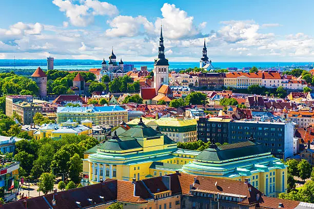 Scenic summer aerial view of the Old Town architecture in Tallinn, Estonia. See also: