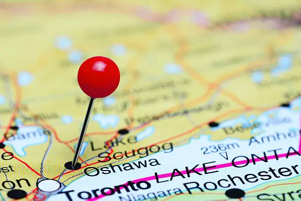 Photo of Oshawa pinned on a map of Canada