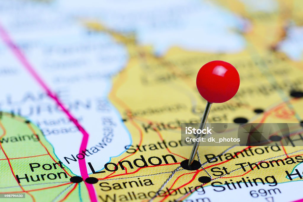 London pinned on a map of Canada Photo of pinned London on a map of Canada. May be used as illustration for traveling theme. London - Ontario Stock Photo