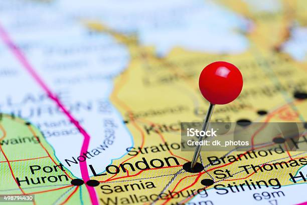 London Pinned On A Map Of Canada Stock Photo - Download Image Now - London - Ontario, Canada, Map