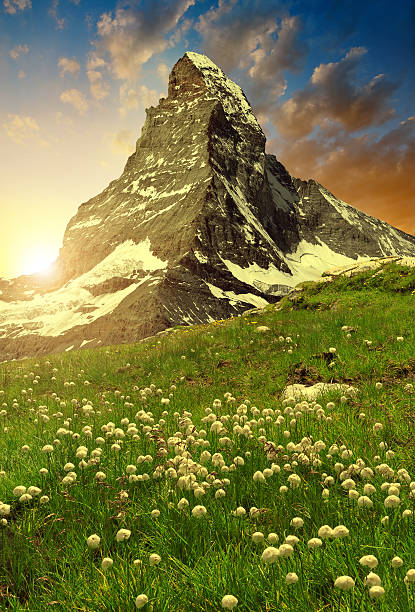 Hiking the trail of the majestic Matterhorn in the Swiss Alps, with its rugged, snowy peak towering above.