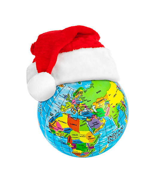 globo e di babbo natale rosso natale cappello - christmas australia asia globe foto e immagini stock