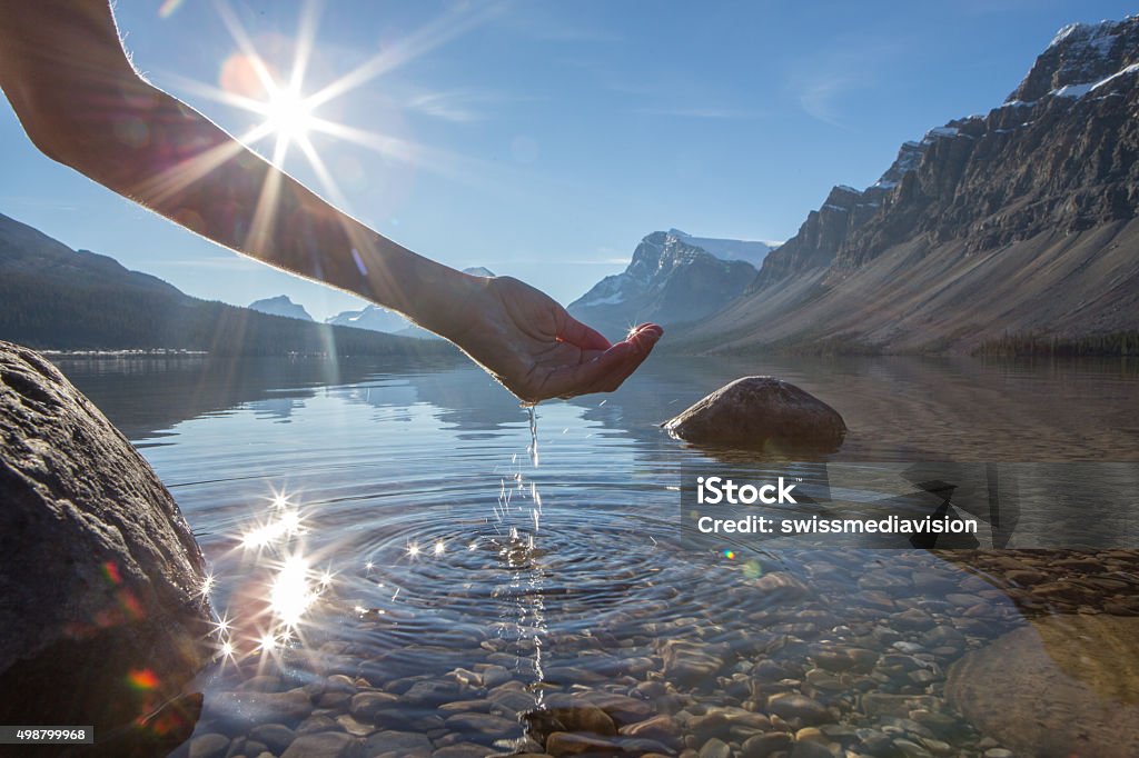 Human hand cupped to catch the fresh water from lake Human hand cupped to catch the fresh water from the lake, sunlight from sunset passing through the transparence of the water. Water Stock Photo