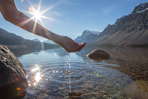 Human hand cupped to catch the fresh water from lake Human hand cupped to catch the fresh water from the lake, sunlight from sunset passing through the transparence of the water. bow river stock pictures, royalty-free photos & images