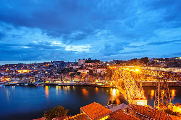 evening Porto Old City, Douro River and Dom Luis Bridge