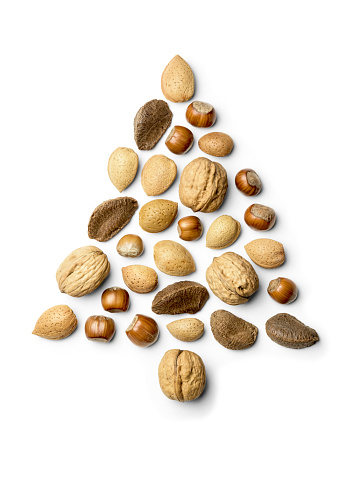 Various whole nuts in their shells form the shape of a small Christmas tree. The Almonds, Brazil nuts, walnuts and Hazelnuts are isolated on a white background with a clipping path. These traditional Christmas holiday snacks have rough textured shells, which cast soft shadows onto the white background beside them.