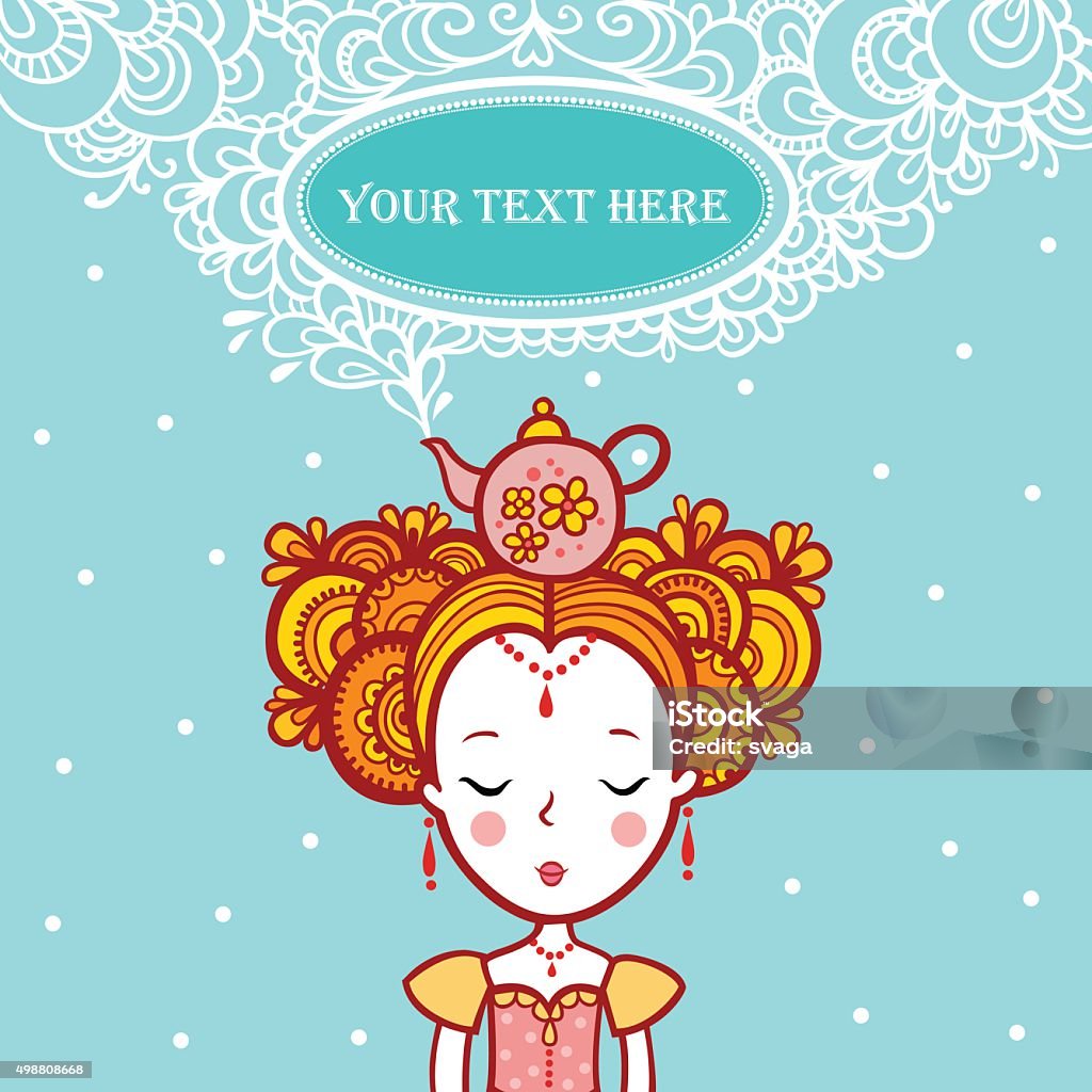 Young woman with a kettle on his head. The Princess of the dreams in the clouds.Oval Frame Shape with text. teapot boils. Tea time. Fairy Tale stock vector