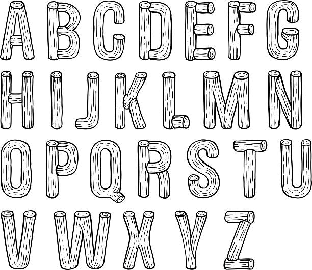 Wood font Hand drawn and painted wood font with crust in synch stock illustrations