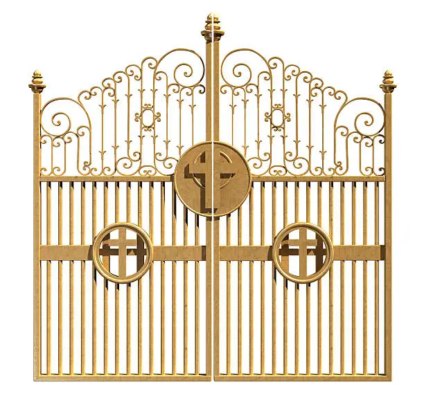 A concept image of the golden gates to heaven shut on an isolated white background