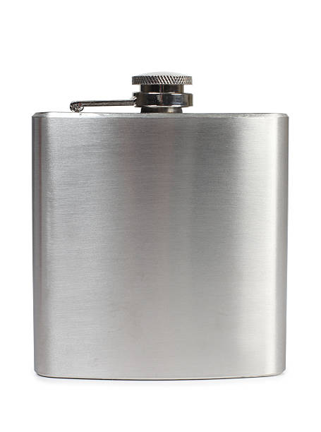 Metal flask Flat metal flask and whiskey glass on white background hipflask stock pictures, royalty-free photos & images