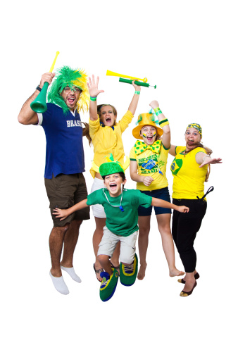 Brazilian fans watching soccer game on white background.