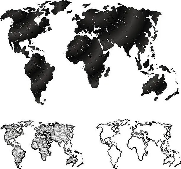 Vector illustration of Hand drawn world map in three versions