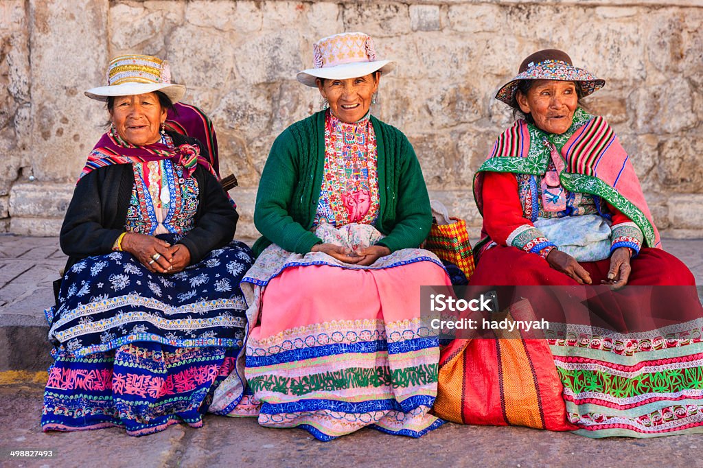 Peruvian women in national clothing, Chivay, Peru Chivay is a town in the Colca valley, capital of the Caylloma province in the Arequipa region, Peru. Located at about 12,000 ft above sea level, it lies upstream of the renowned Colca Canyon. It has a central town square and an active market. Ten kilometers to the east, and 1,500 meters above the town of Chivay lies the Chivay obsidian source. Thermal springs are located 3 km from town, a number of heated pools have been constructed. A stone "Inca" bridge crosses the Colca River ravine, just to the north of the town. The town is a popular staging point for tourists visiting Condor Cross or Cruz Del Condor, where condors can be seen catching thermal uplifts a few kilometers downstream.http://bem.2be.pl/IS/peru_380.jpg Peru Stock Photo