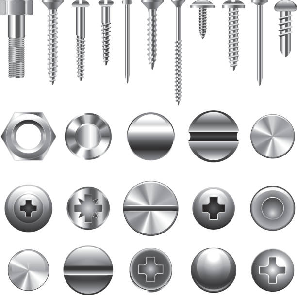 Screws and nuts icons vector set Screws, nuts and rivets icons detailed vector set rivet stock illustrations