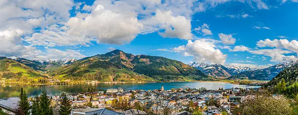 Panoramic view of beautiful mountain landscape in the Alps with Zeller Lake in Zell am See, Salzburger Land, Austria