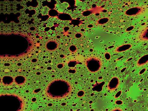 Looks very like green slime on top of pond water, but this is a pretty fractal picture with similar shapes repeated many times at different sizes, including circles and amoeba-like shapes with flosing protoplasm. A fractal is a kind of mathematical graph laid out as a picture. A number is put into an equation, and the answer is recorded as a coloured dot. That answer is then put into the same equation to generate a second answer, which is also recorded. This procedure is repeated thousands of times, with each new answer being used to generate the next one. The end results can be astonishingly complicated and beautiful, and any part of the image can be enlarged in order to reveal even more complexity.