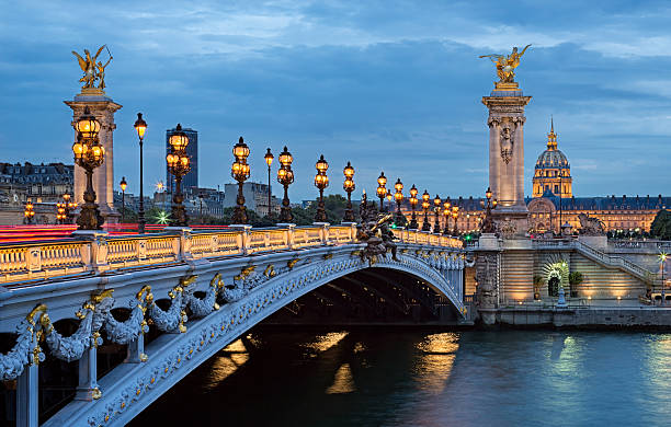 The Most Beautiful Bridge of Paris. The Alexander III Bridge across river Seine in Paris, France. seine river stock pictures, royalty-free photos & images
