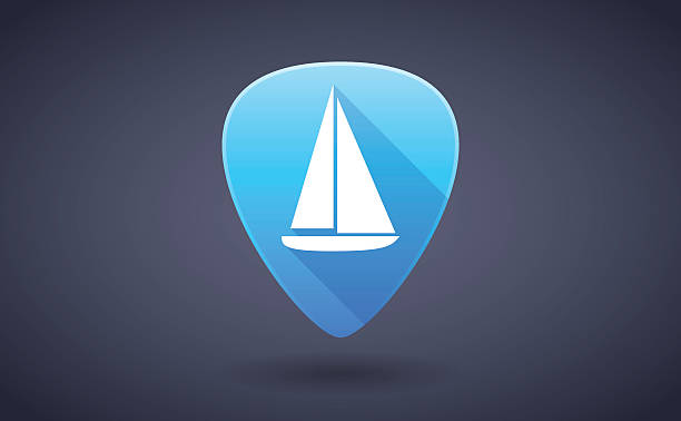 Blue guitar pick icon with a ship Illustration of a blue guitar pick icon with a ship yacht rock music stock illustrations