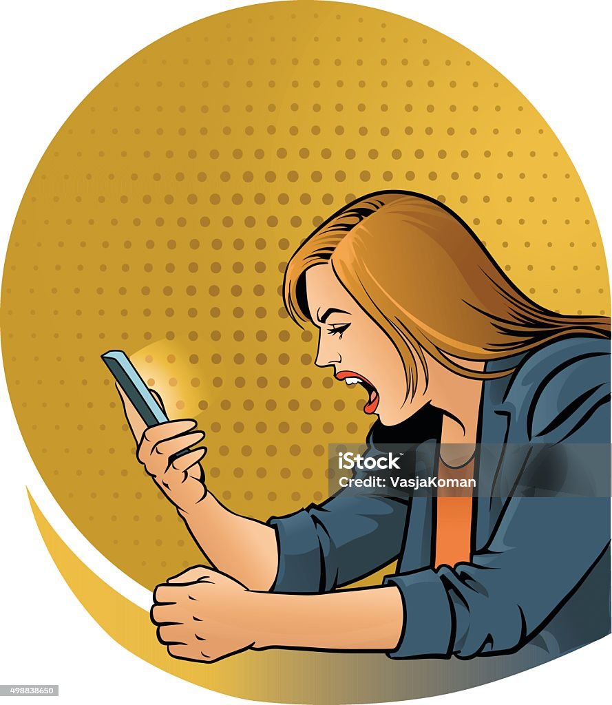 Upset Woman With Her Mobile Phone All images are placed on separate layers. They can be removed or altered if you need to. Some gradients were used. No transparencies.  Women stock vector