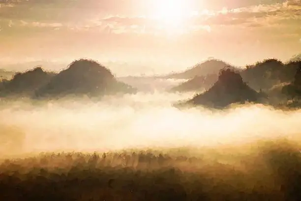 Photo of Watercolor paint. Paint effect. Red misty landscape panorama in mountains