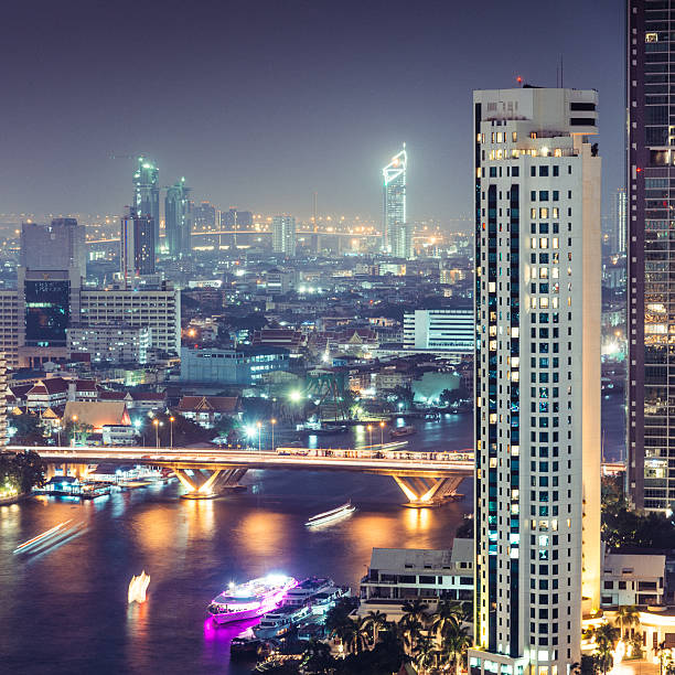 Aerial view of Bangkok at night, Thailand.