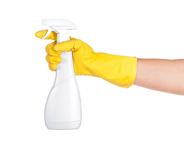 istock Hands in rubber gloves holding cleaning spray. isolated on white 498850801