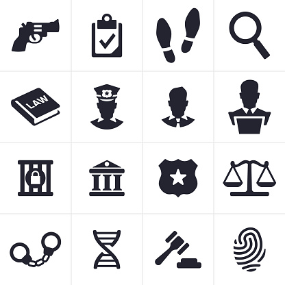 A collection of 16 black crime and law icons on a white surface.  There are four rows of four icons each on the white surface in there own separate boxes.  There is an icon of a revolver in the top right corner.  There is a magnifying glass icon in the top left corner.  A pair of handcuffs sits in the bottom left corner of the image.  There is a judges gavel and wood block on the bottom row and second from the left.  A pair of footprints and clipboard with a check mark sit in the top row. There are other similar icons within the image.