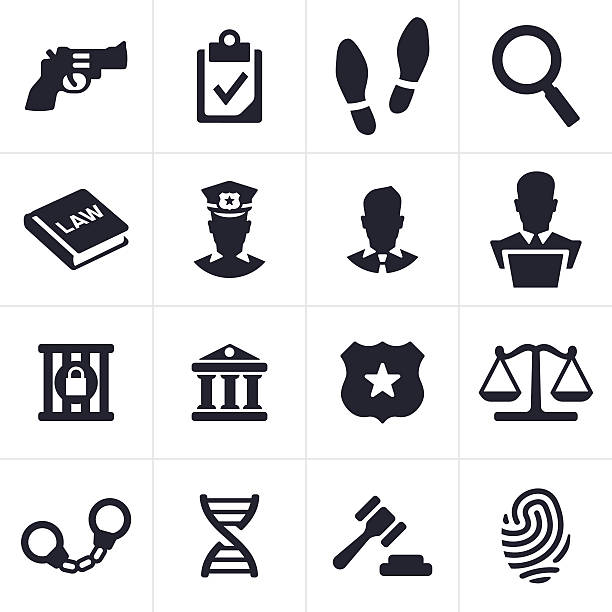 Black law and crime icons against white background A collection of 16 black crime and law icons on a white surface.  There are four rows of four icons each on the white surface in there own separate boxes.  There is an icon of a revolver in the top right corner.  There is a magnifying glass icon in the top left corner.  A pair of handcuffs sits in the bottom left corner of the image.  There is a judges gavel and wood block on the bottom row and second from the left.  A pair of footprints and clipboard with a check mark sit in the top row. There are other similar icons within the image. interview event patterns stock illustrations