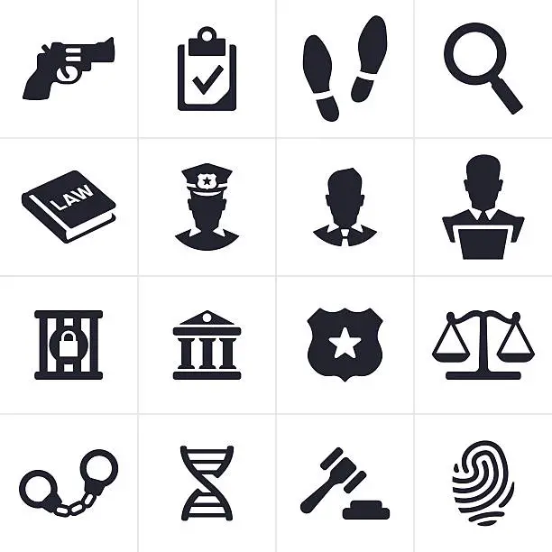 Vector illustration of Black law and crime icons against white background