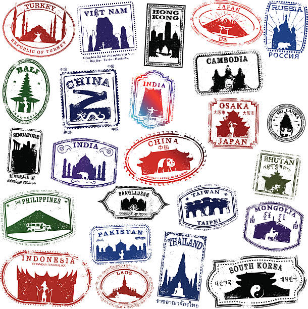 Series of Passport Style Stamps of Asian countries and locations