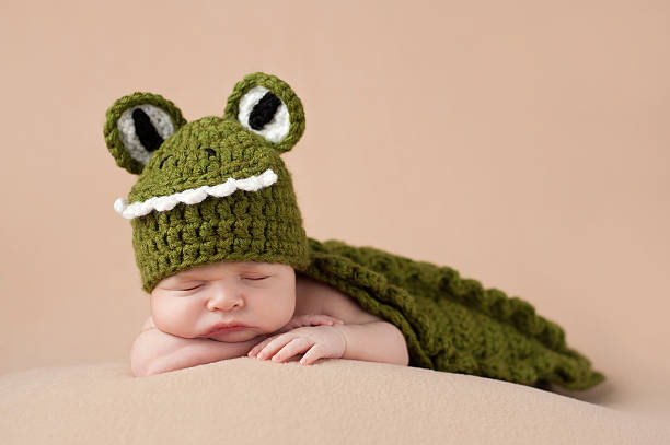 Newborn Baby Boy Wearing an Alligator Costume stock photo