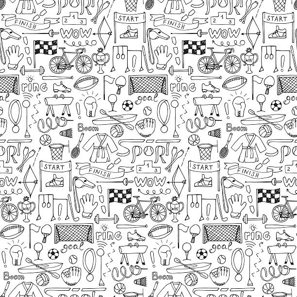 Seamless hand drawn Sport equipment pattern Vector illustration of doodle sport elements for backgrounds, textile prints, wrapping, wallpaper doodle stock illustrations