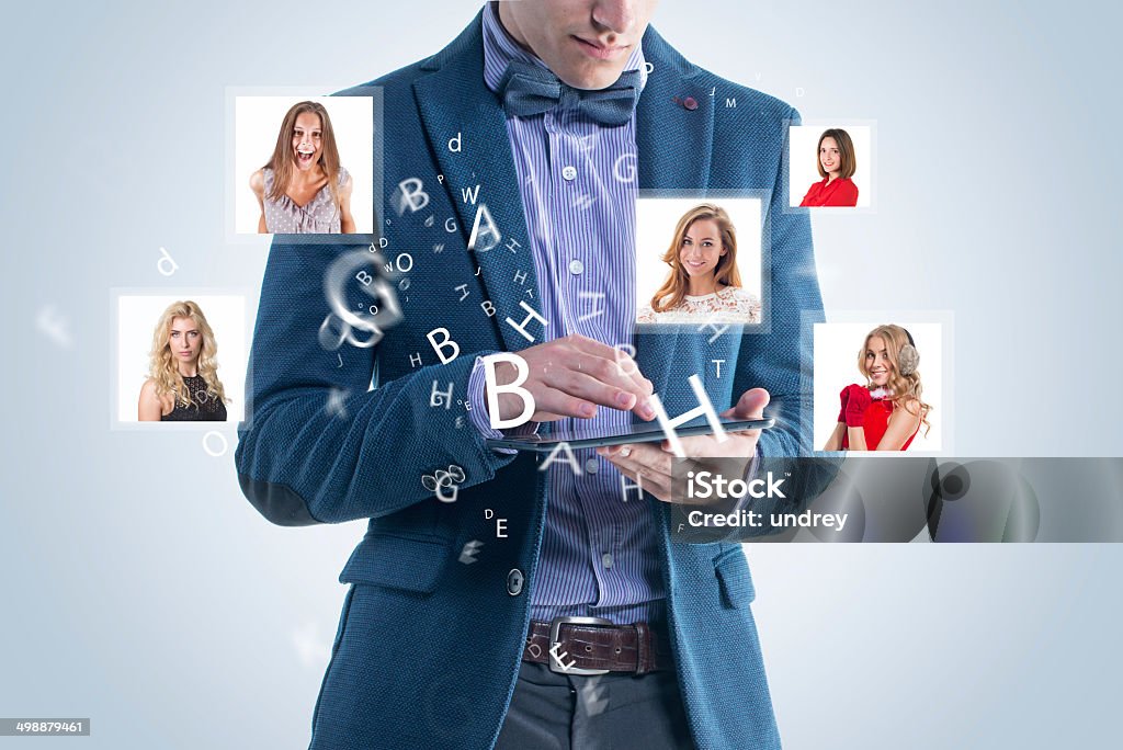 Happy business man receiving and sending message sms email. social Happy business man receiving and sending message sms email. social media hightech concept. Adult Stock Photo