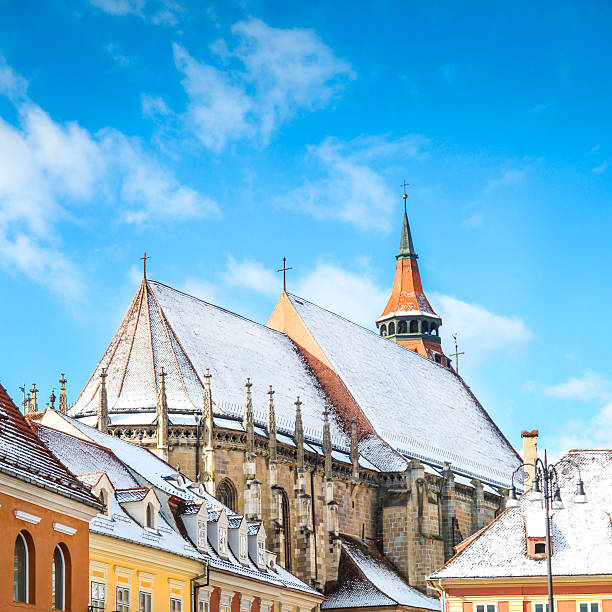 Exterior of the famous Black Church in Brasov, Romania during winter