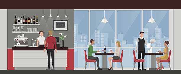 ilustraciones, imágenes clip art, dibujos animados e iconos de stock de personas que el almuerzo en un restaurante de lujo - restaurant waiter table wait staff