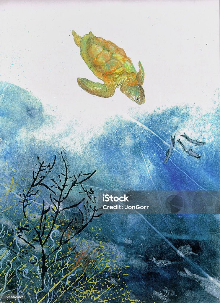 Original Painting Turtle And Sea Fans Watercolor Painting stock illustration