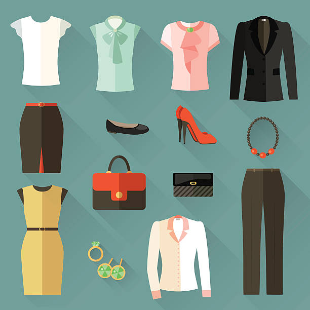 ilustrações, clipart, desenhos animados e ícones de conjunto de ícones de roupas mulher de negócios. vetor ilustração plana - blouse