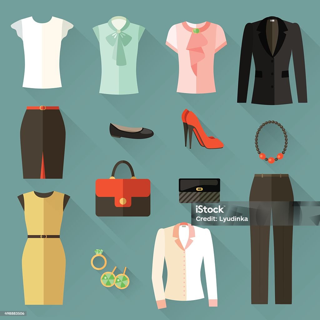 Set of icons clothing businesswoman . Vector flat illustration Set of icons clothing businesswoman . Office style.Vector flat illustration Women stock vector