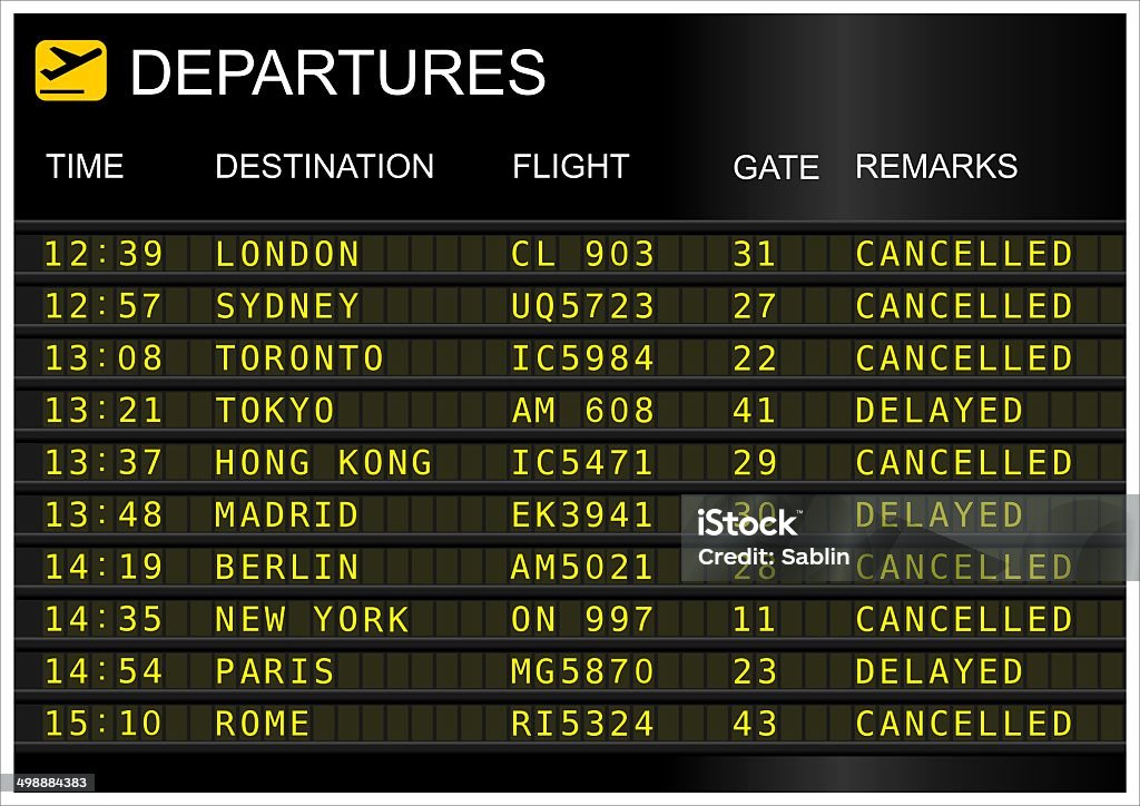 Flights departures board Flights departures board isolated on white background Arrival Departure Board Stock Photo