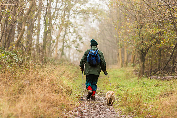 Photo of Senior Man Walking his Dog in the Woods