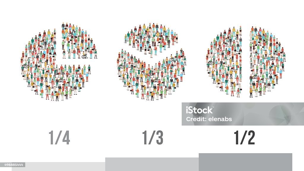 Pie charts composed of people Pie charts composed of people: one quarter, one third and one half, statistics and demographics concept People stock vector