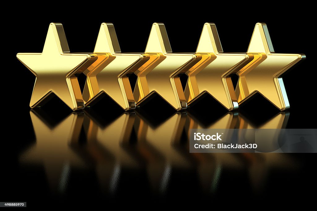 Five Gold Stars Isolated on black background with clipping path. 3D render. Star Shape Stock Photo