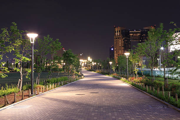 magnifique sentier du jardin avec lampes de nuit - city night street light photos et images de collection