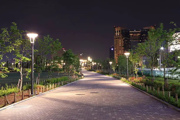 beautiful garden walkway with lamps at night, Odaiba, Japan