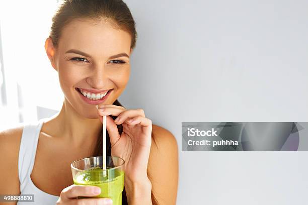 Healthy Food Eating Woman Drinking Smoothie Diet Lifestyle Nutrition Stock Photo - Download Image Now