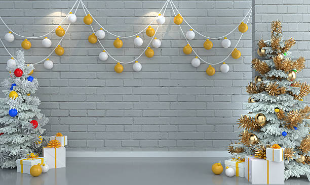 istock Christmas tree and gifts on brick white wall background. 498889112